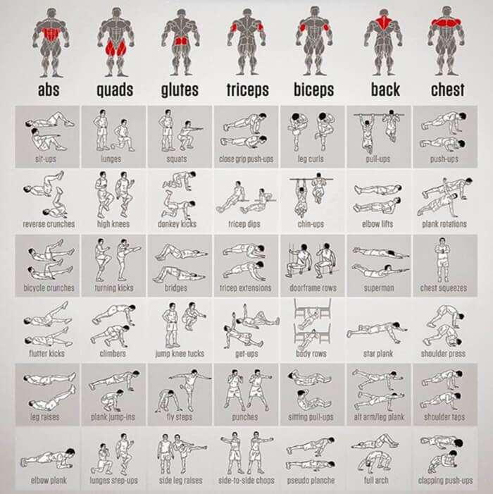 Full Bodyweight Exercises Chart - Healthy Fitness Workouts Plan
